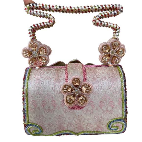 Mary Frances Beaded Flower Clutch Handbag Pink Pastel Embroidered Evening Bag - Picture 2 of 15